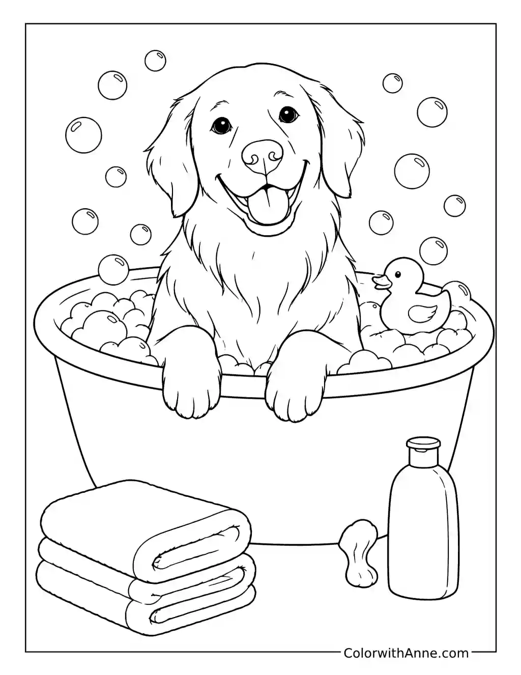 Golden Retriever Bath Time coloring page