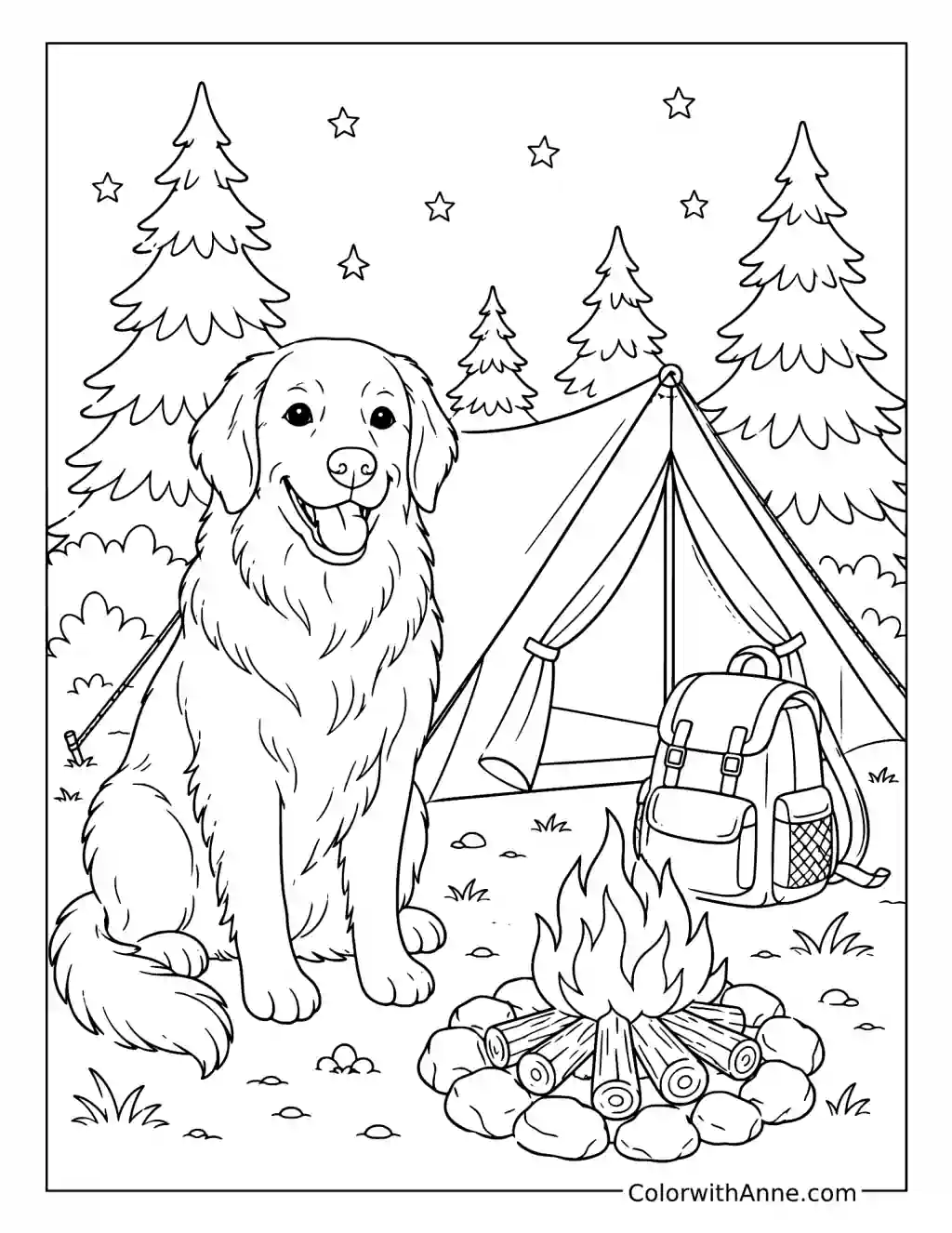 Golden Retriever Camping Adventure coloring page