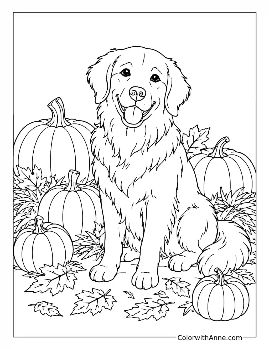 Golden Retriever in a Pumpkin Patch coloring page