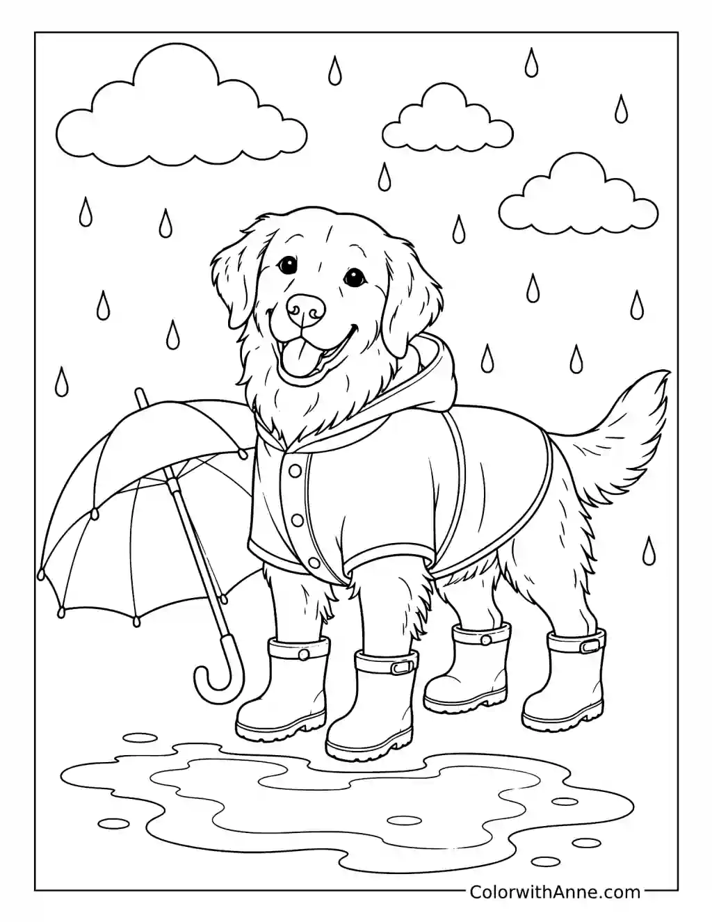 Golden Retriever in a Raincoat coloring page