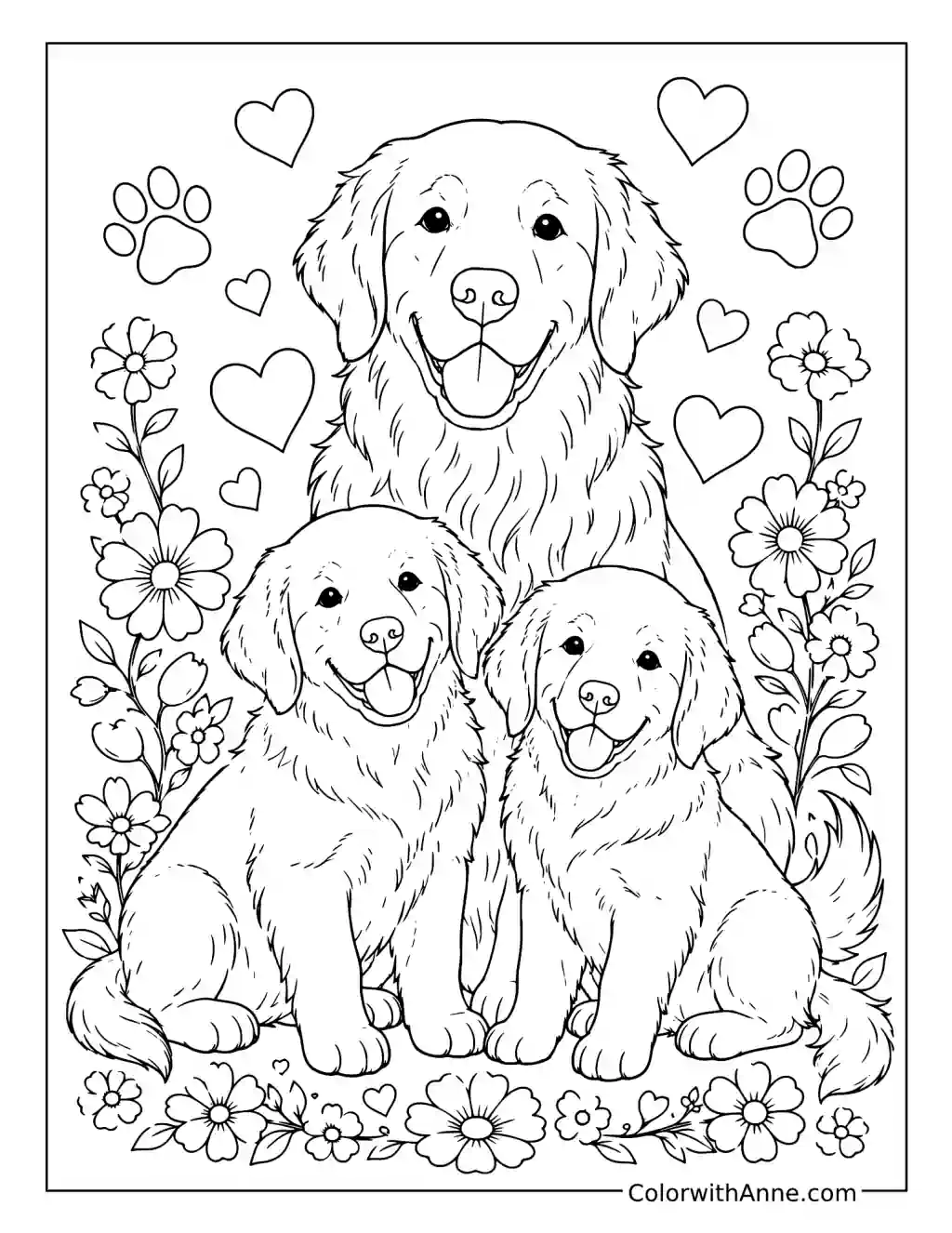 Golden Retriever Love Portrait coloring page