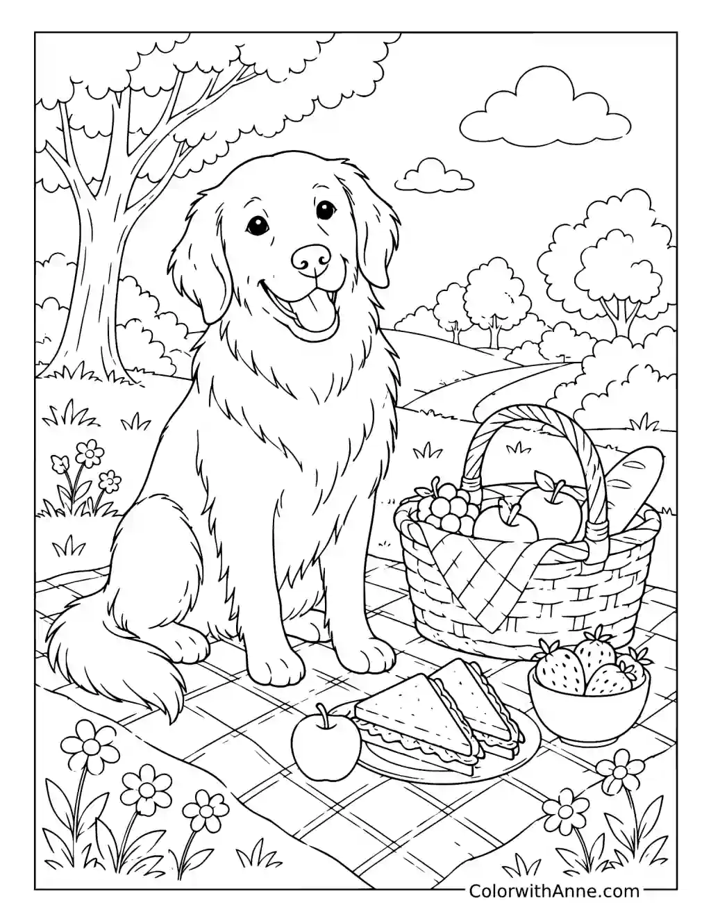 Golden Retriever on a Picnic coloring page