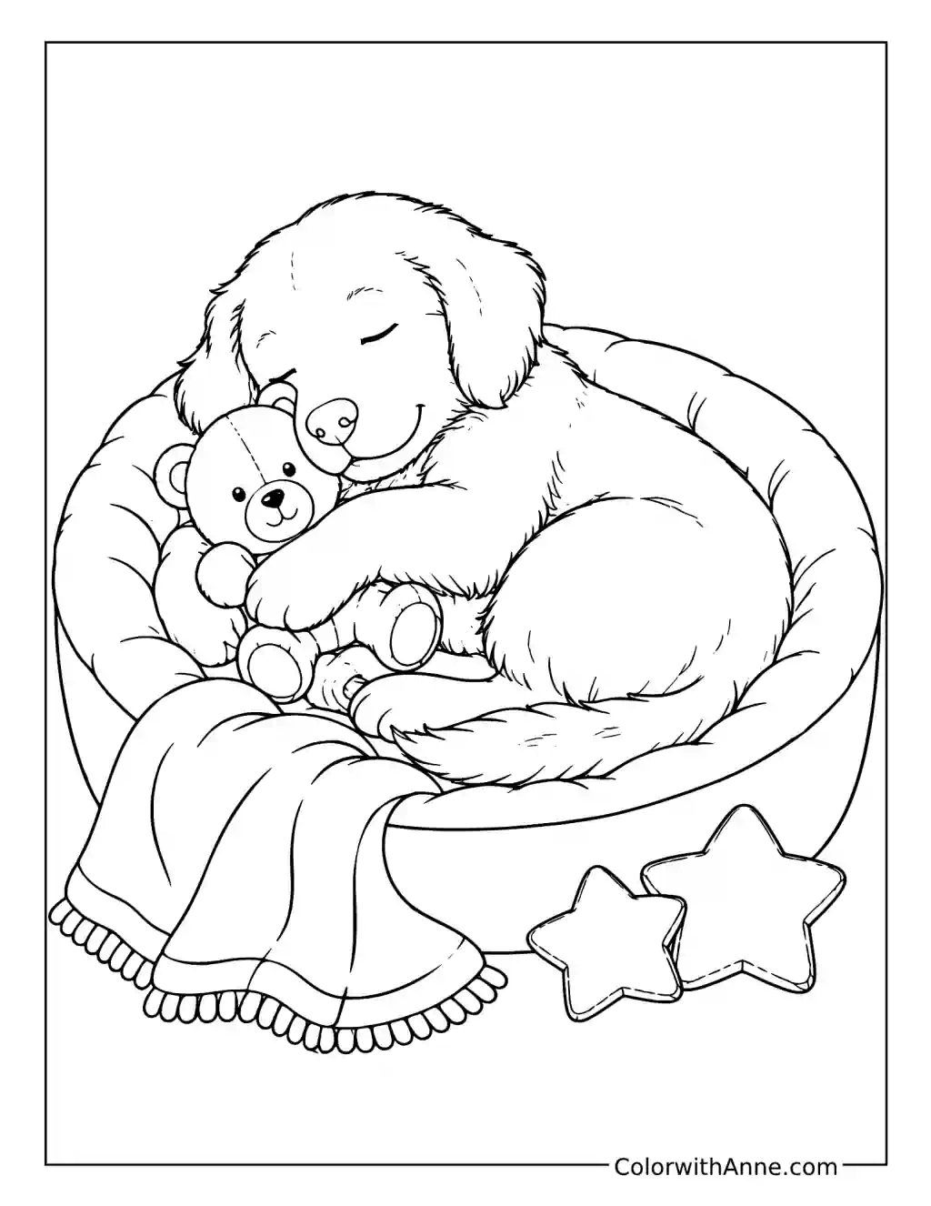 Golden Retriever Puppy in a Cozy Bed coloring page