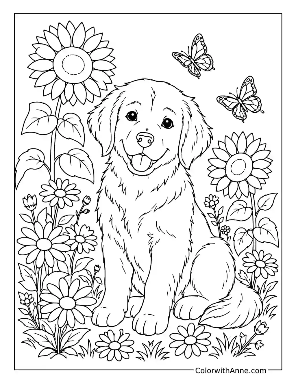 Golden Retriever Puppy in a Flower Garden coloring page