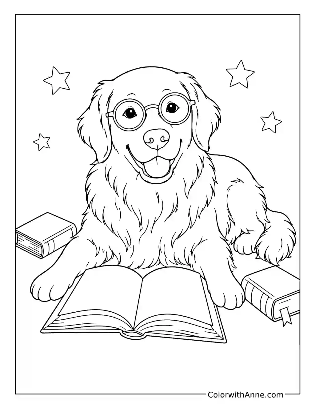Golden Retriever Reading a Book coloring page