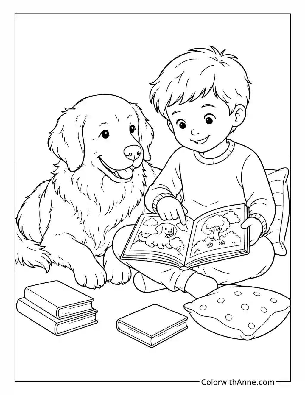 Golden Retriever Reading with a Child coloring page
