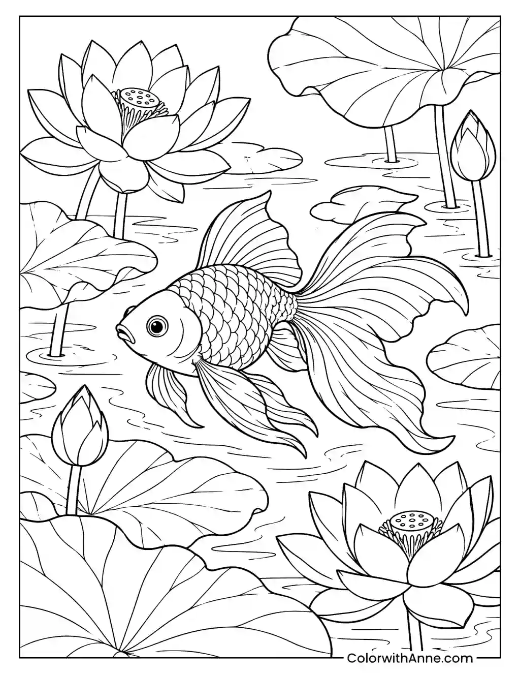 Goldfish in a Lotus Pond Coloring Page