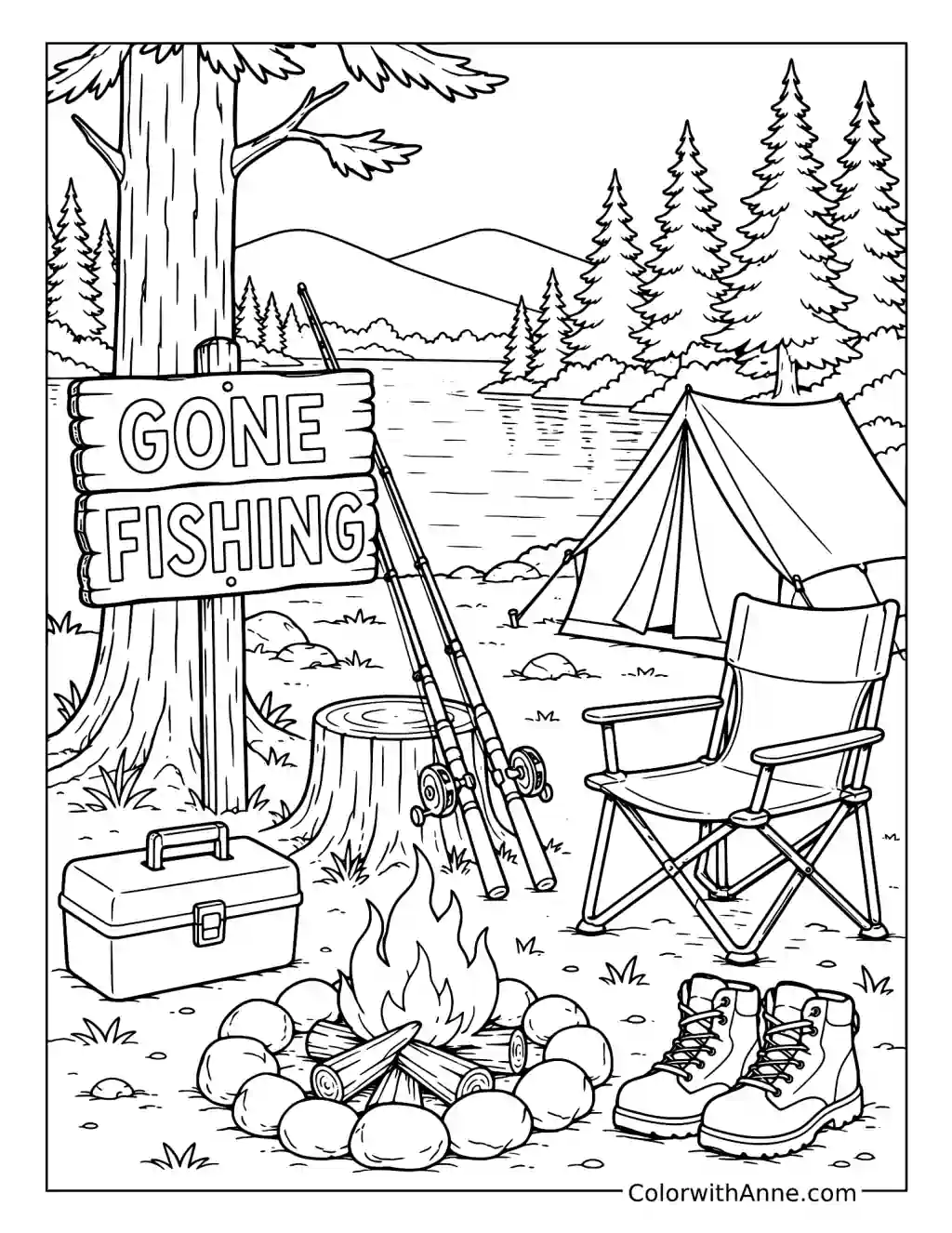 Gone Fishing Camping Trip coloring page