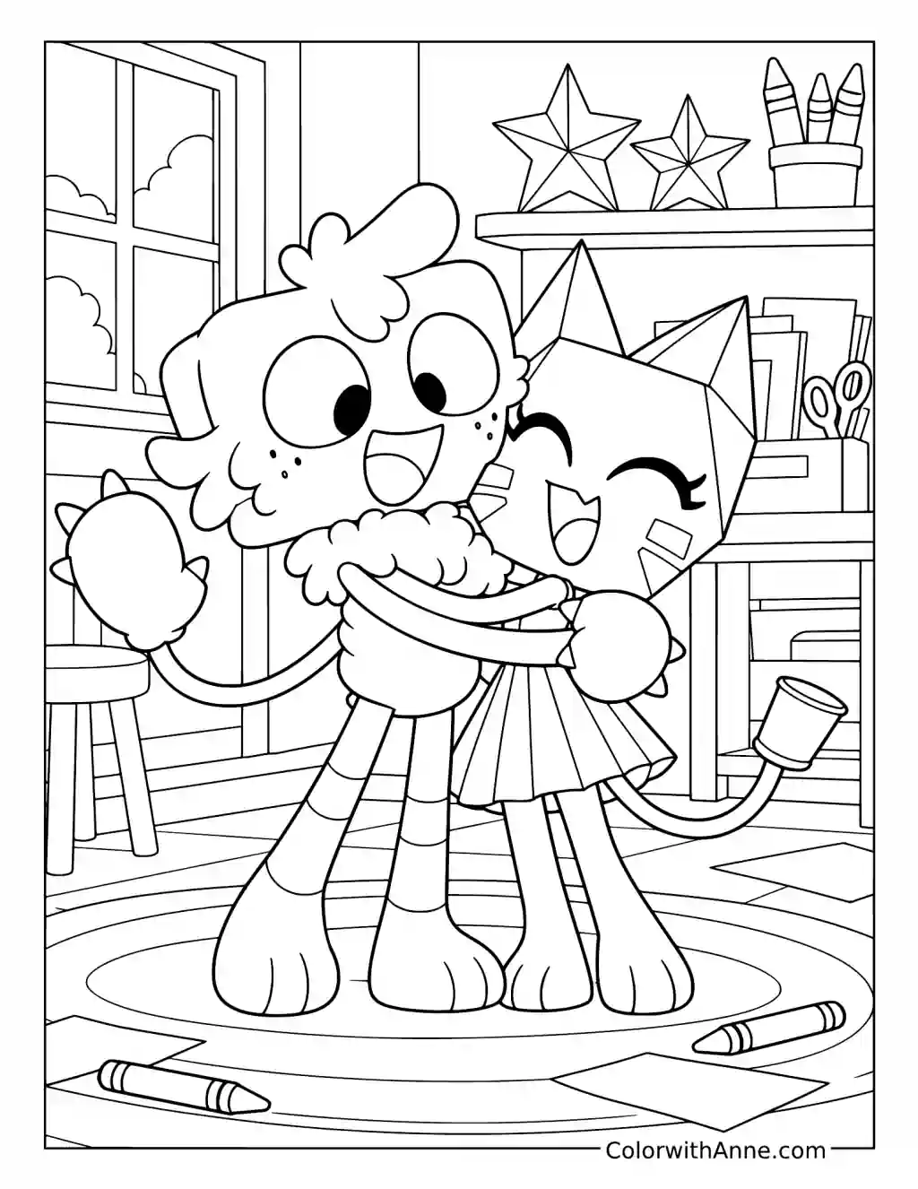 Goob hugs Scraps in an art room with crayons, paper, and star decorations on shelves.