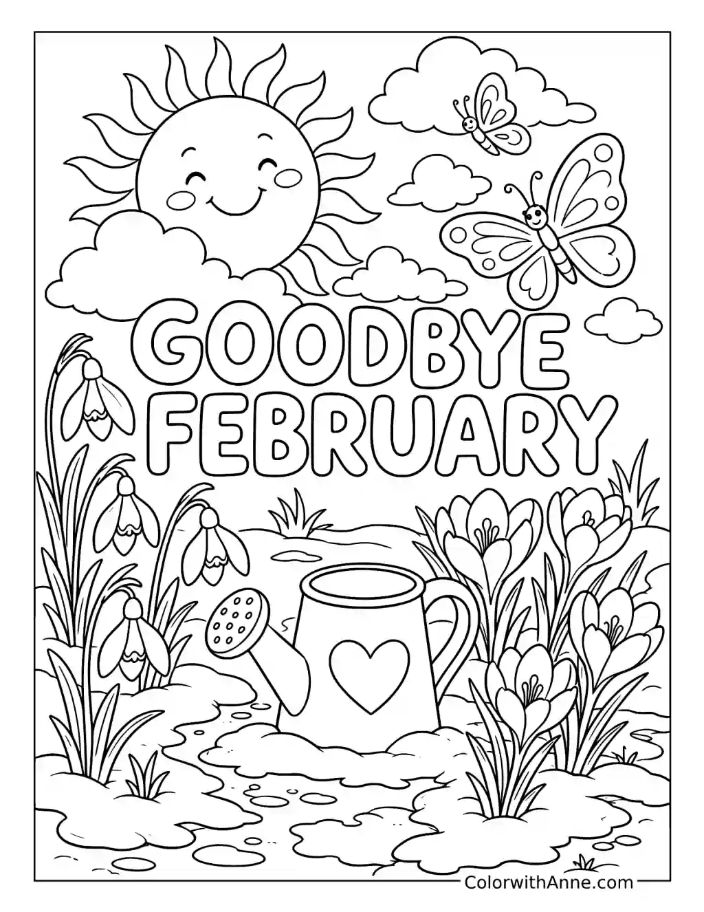 Goodbye February with Spring Flowers coloring page