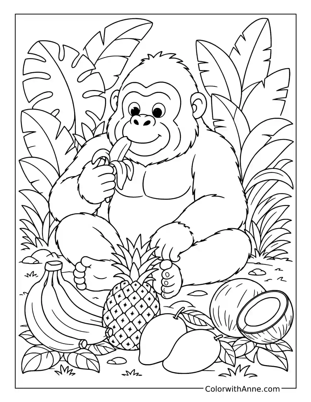 Gorilla Enjoying a Tropical Fruit Picnic coloring page