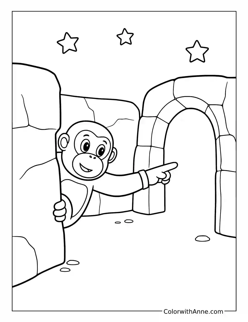 Gorilla Tag Avatar Pointing Toward a Cave Archway coloring page