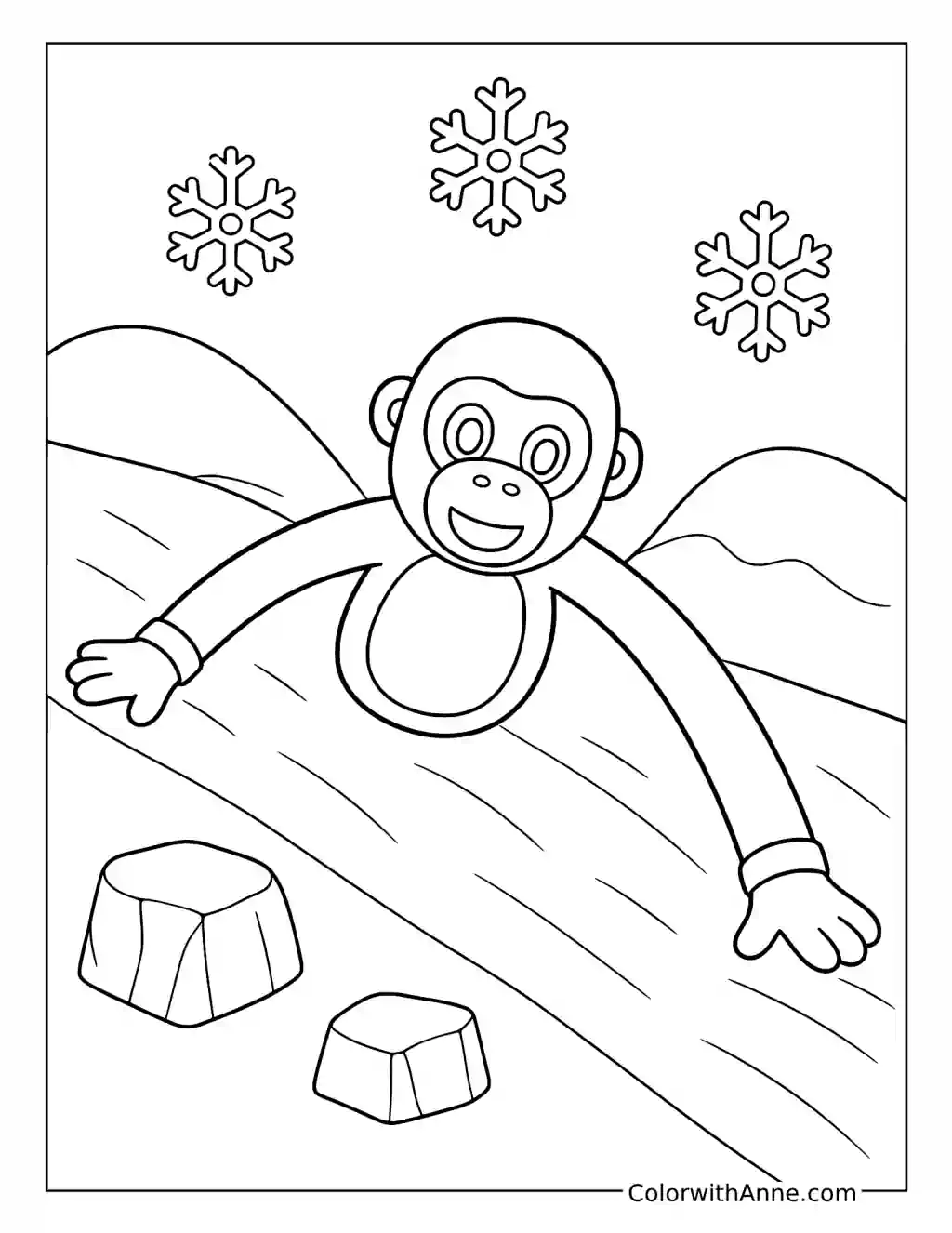 Gorilla Tag Avatar Sliding Down a Snowy Slope coloring page