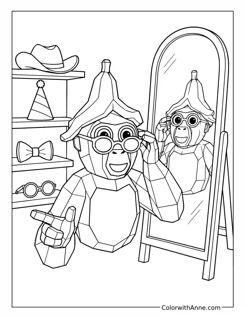 Gorilla Tag Avatar Trying on a Banana Hat and Glasses coloring page
