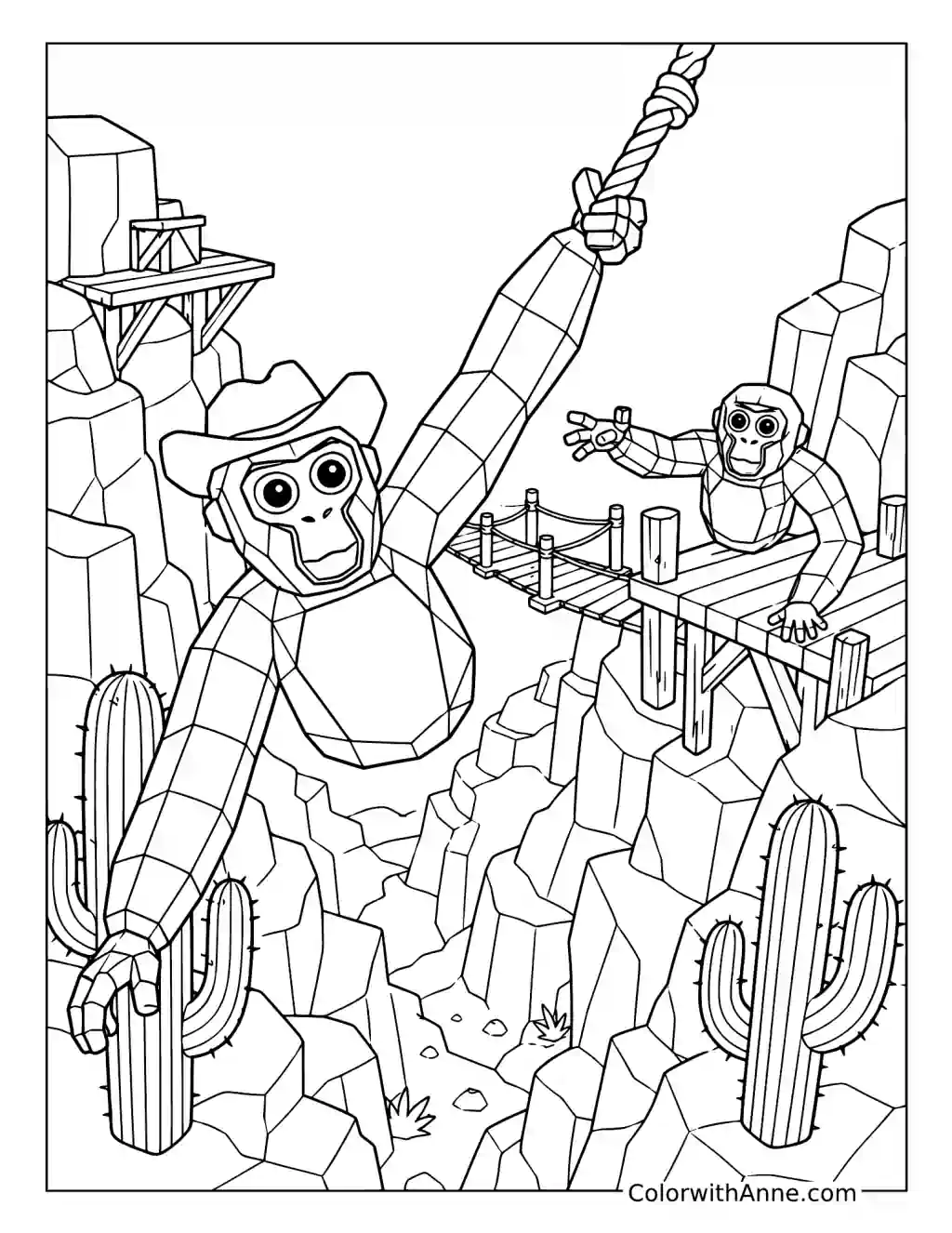 Gorilla Tag Cowboy Swinging Across a Canyon coloring page