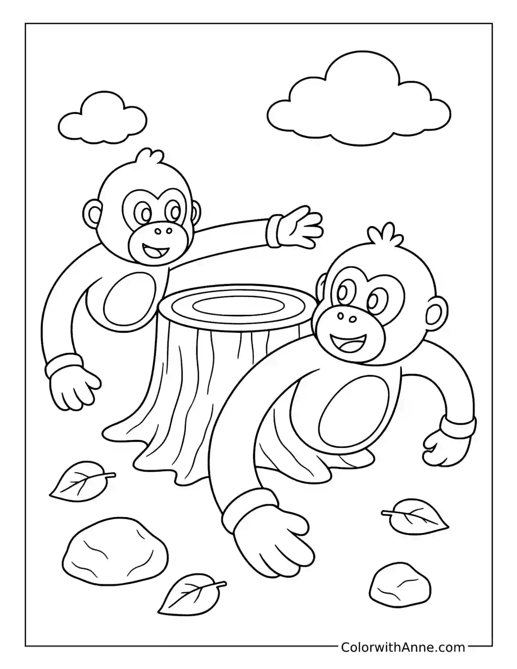 Gorilla Tag Friends Chasing Around a Stump coloring page