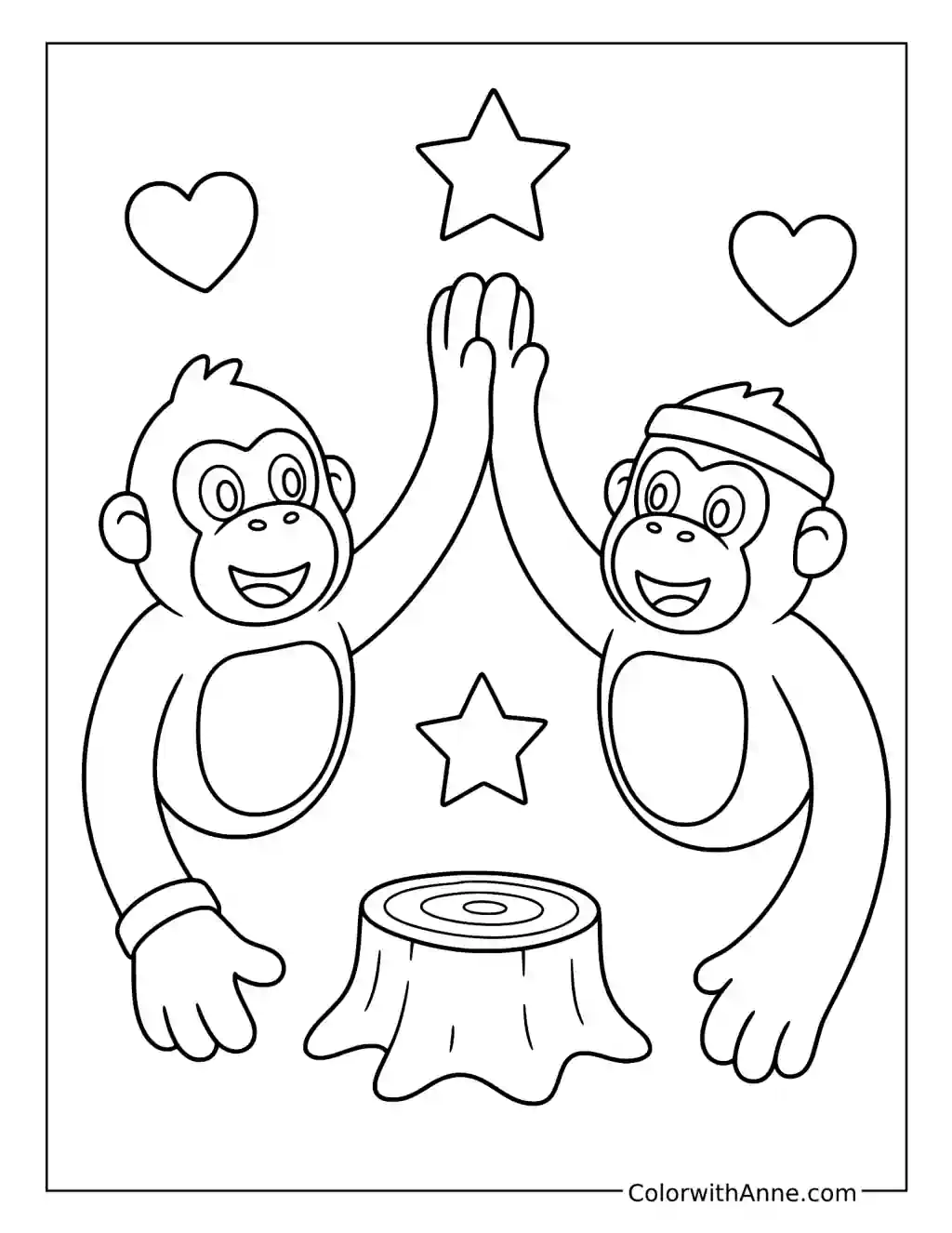 Gorilla Tag Friends High-Fiving Beside a Stump coloring page