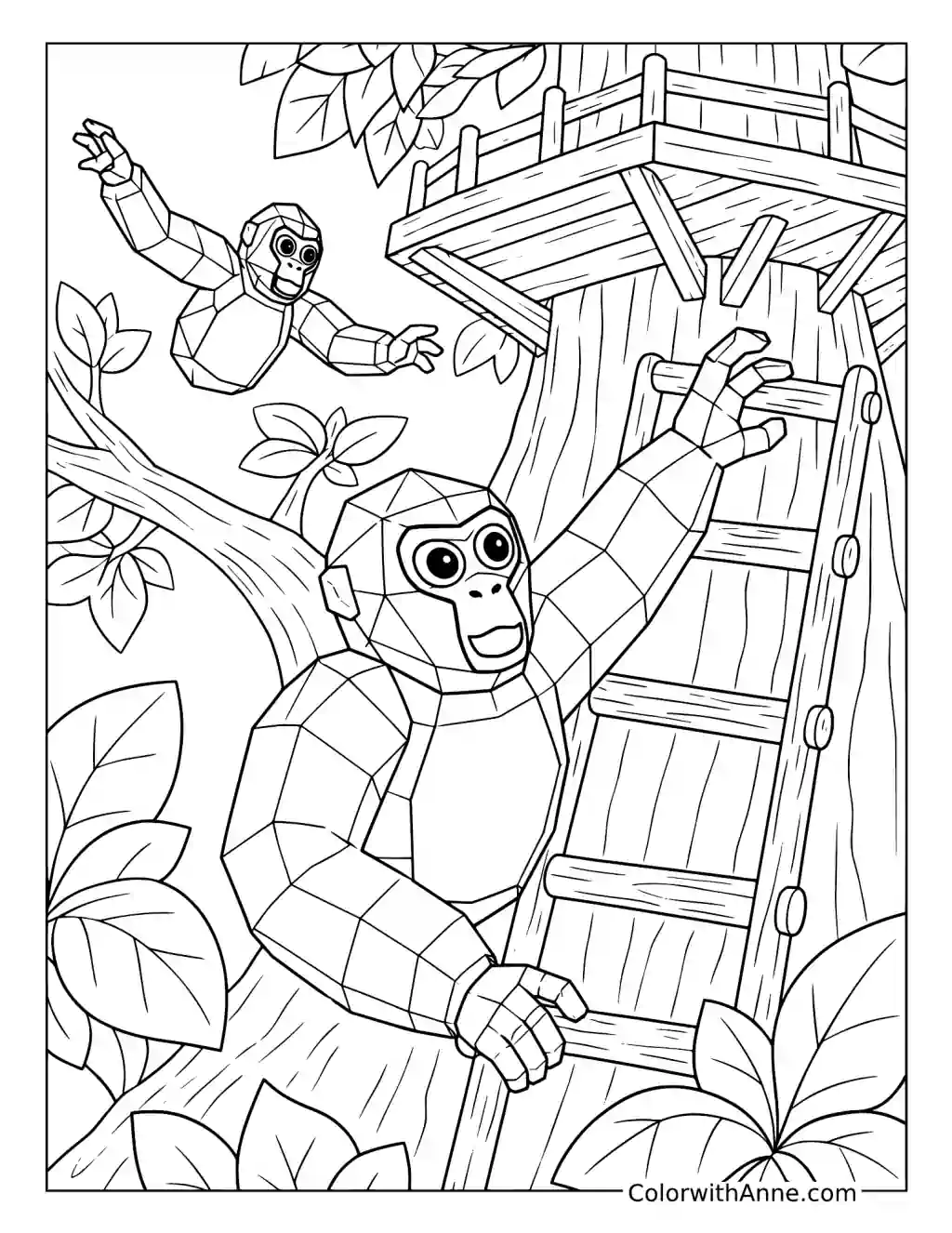 Gorilla Tag Players Climbing Toward a Treehouse coloring page