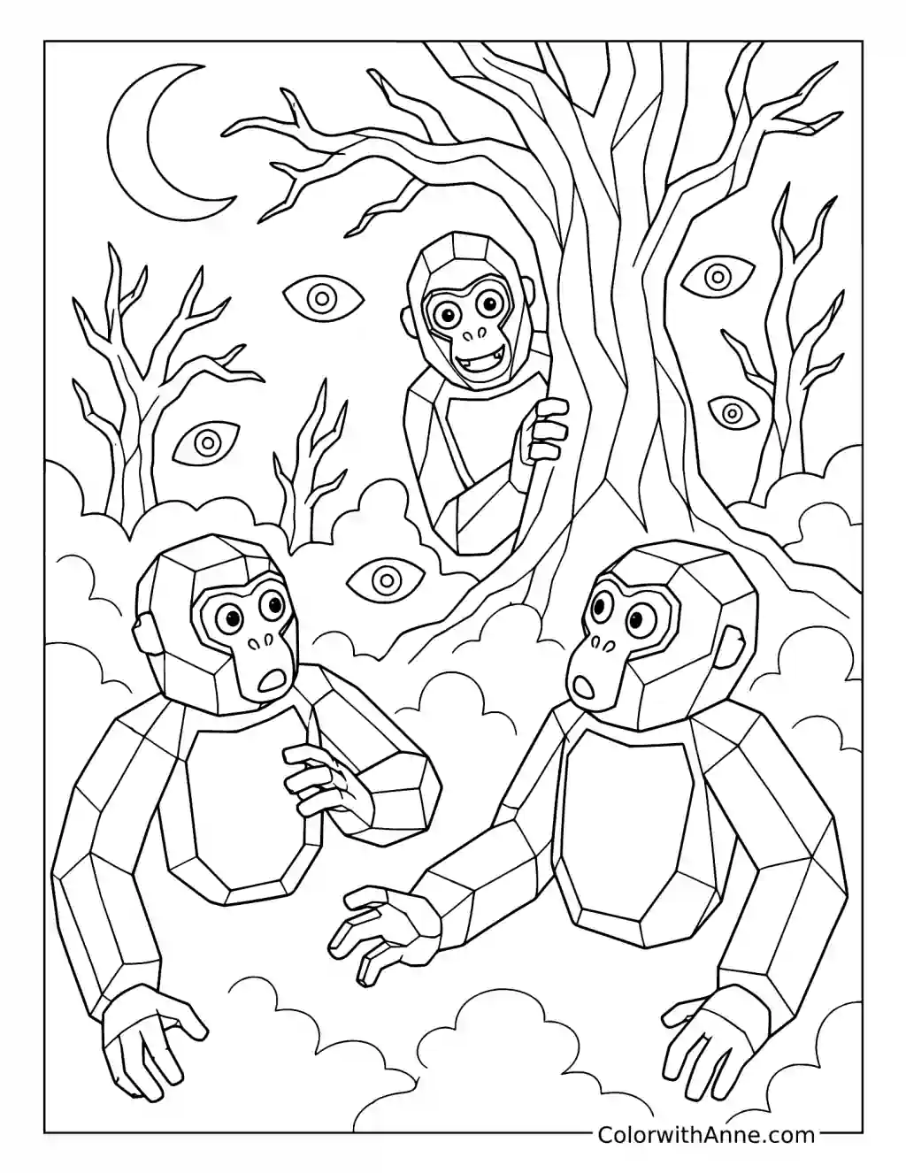 Gorilla Tag Players Exploring a Spooky Forest coloring page