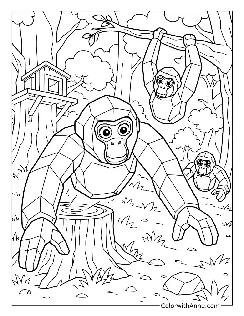 Gorilla Tag Players Leaping Through the Forest coloring page