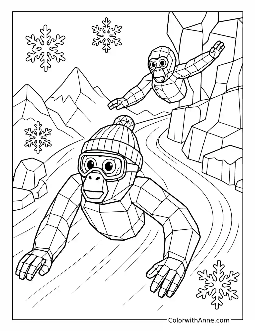 Gorilla Tag Players Racing Through Icy Mountains coloring page