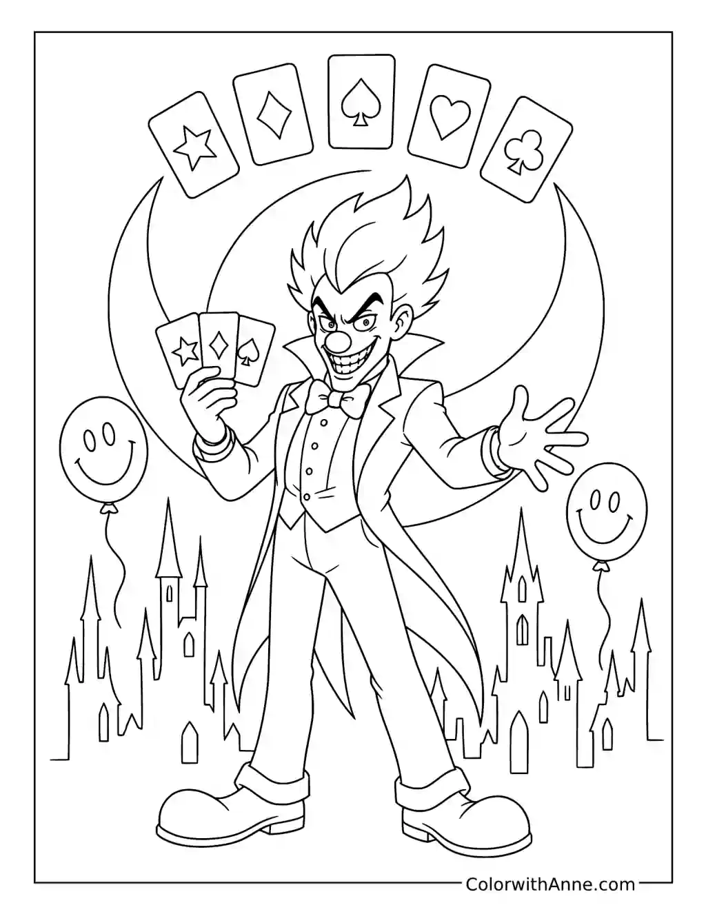 Gothic Card Joker Under a Crescent Moon coloring page