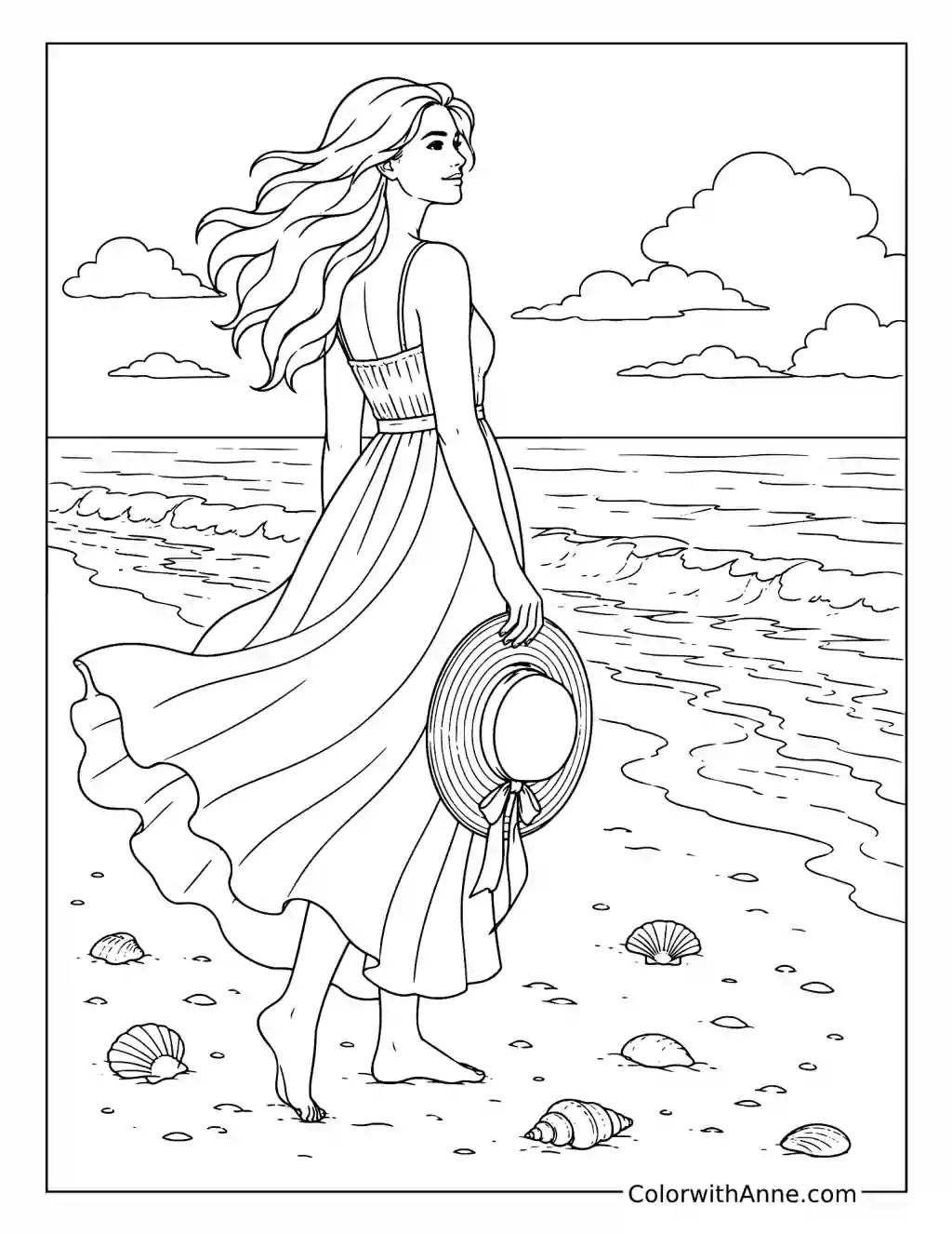 Graceful Seaside Breeze in a Flowing Dress coloring page