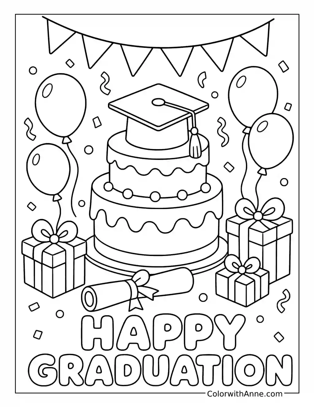 Graduation Celebration with Cake and Balloons coloring page