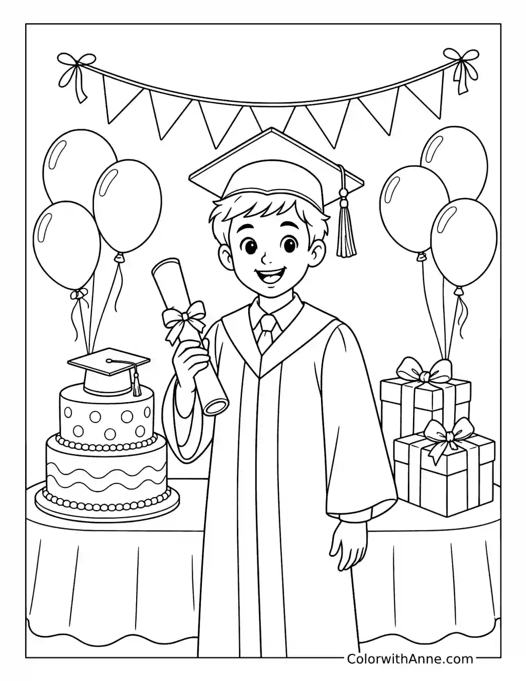 Graduation Party with Cake and Gifts coloring page