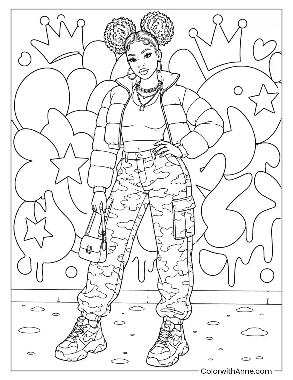 Graffiti Wall Fashion Pose coloring page