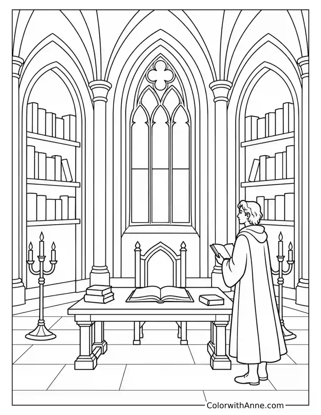 Grand Gothic Library with a Robed Reader coloring page