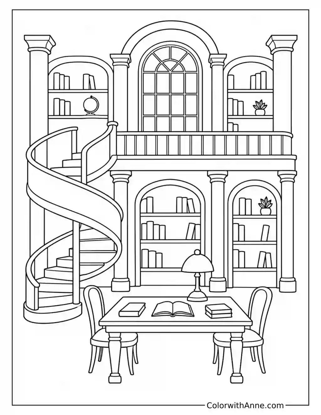 Grand Library with Spiral Staircase coloring page