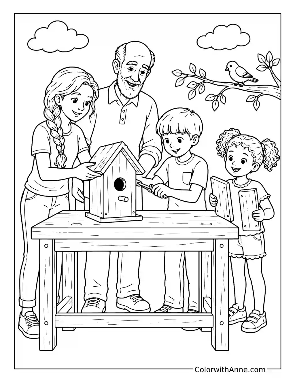 Grandfather and Children Building a Birdhouse coloring page