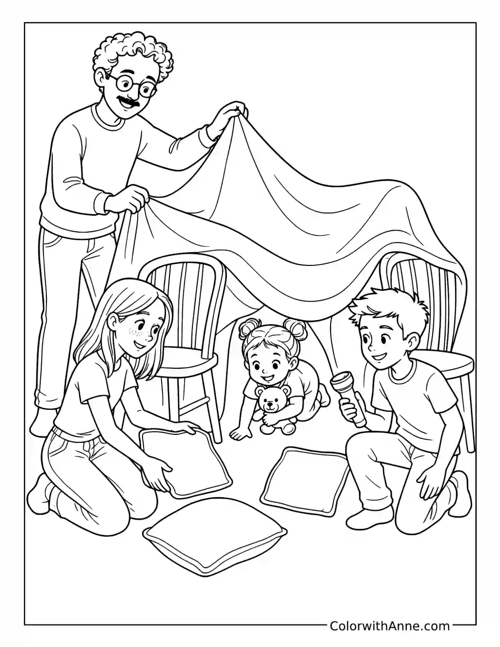 Grandfather and Children Building a Blanket Fort coloring page