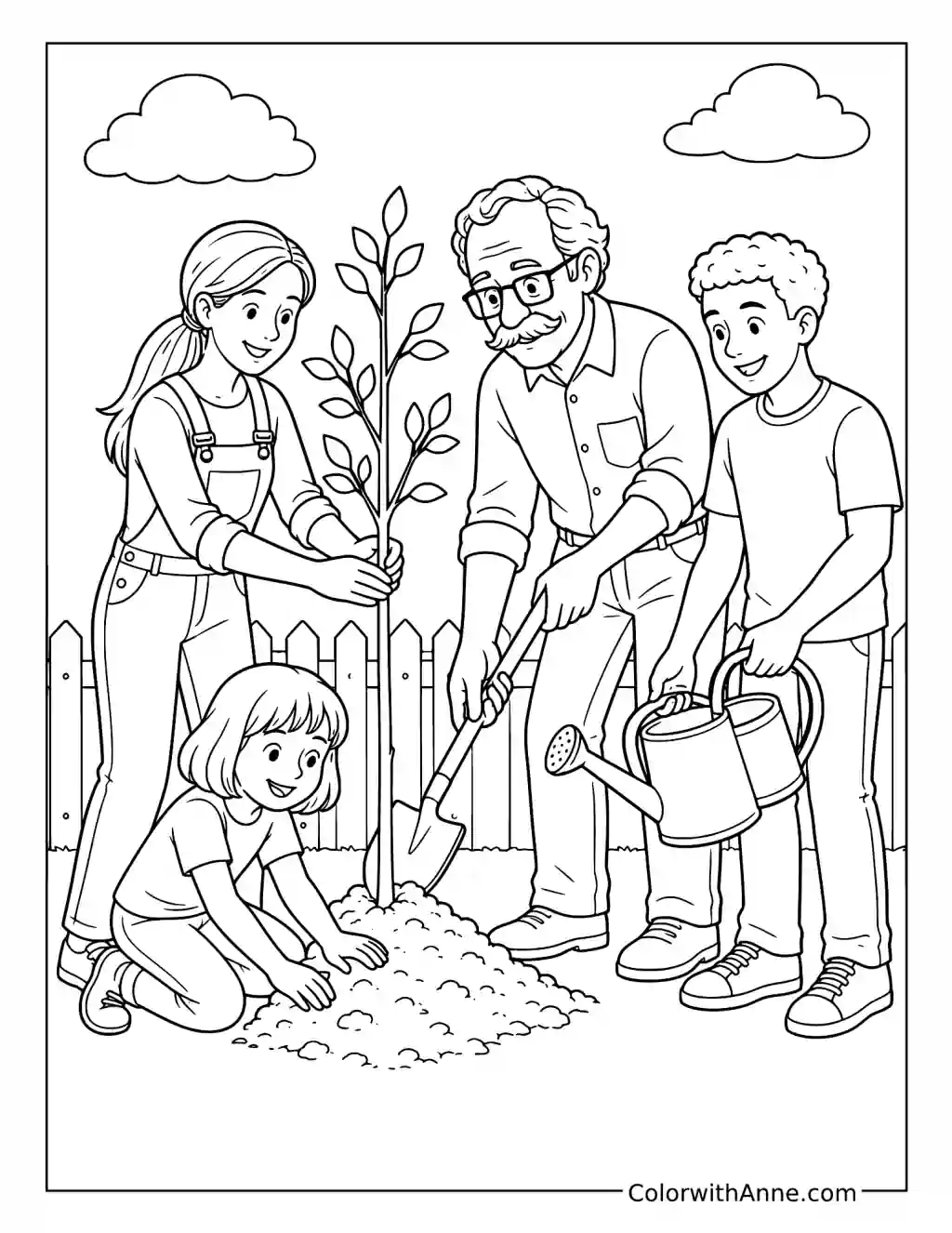 Grandfather and Grandchildren Planting a Tree coloring page