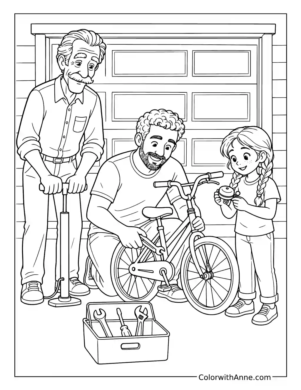 Grandfather Father and Daughter Repairing a Bicycle coloring page