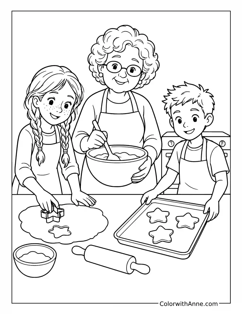 Grandmother and Grandchildren Baking Cookies coloring page
