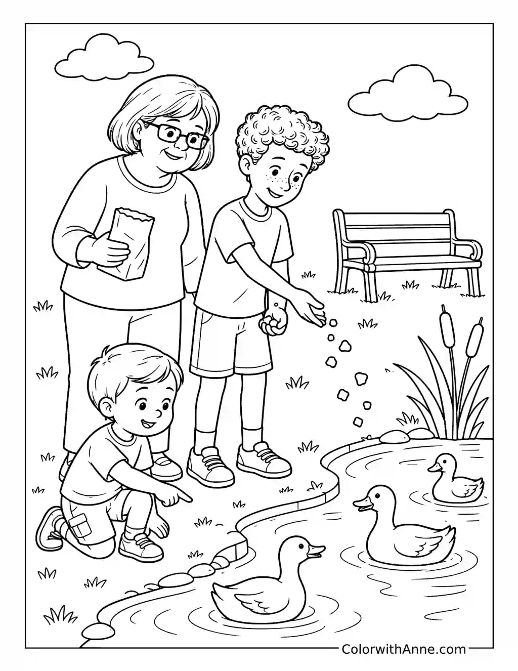 Grandmother and Grandchildren Feeding Ducks coloring page
