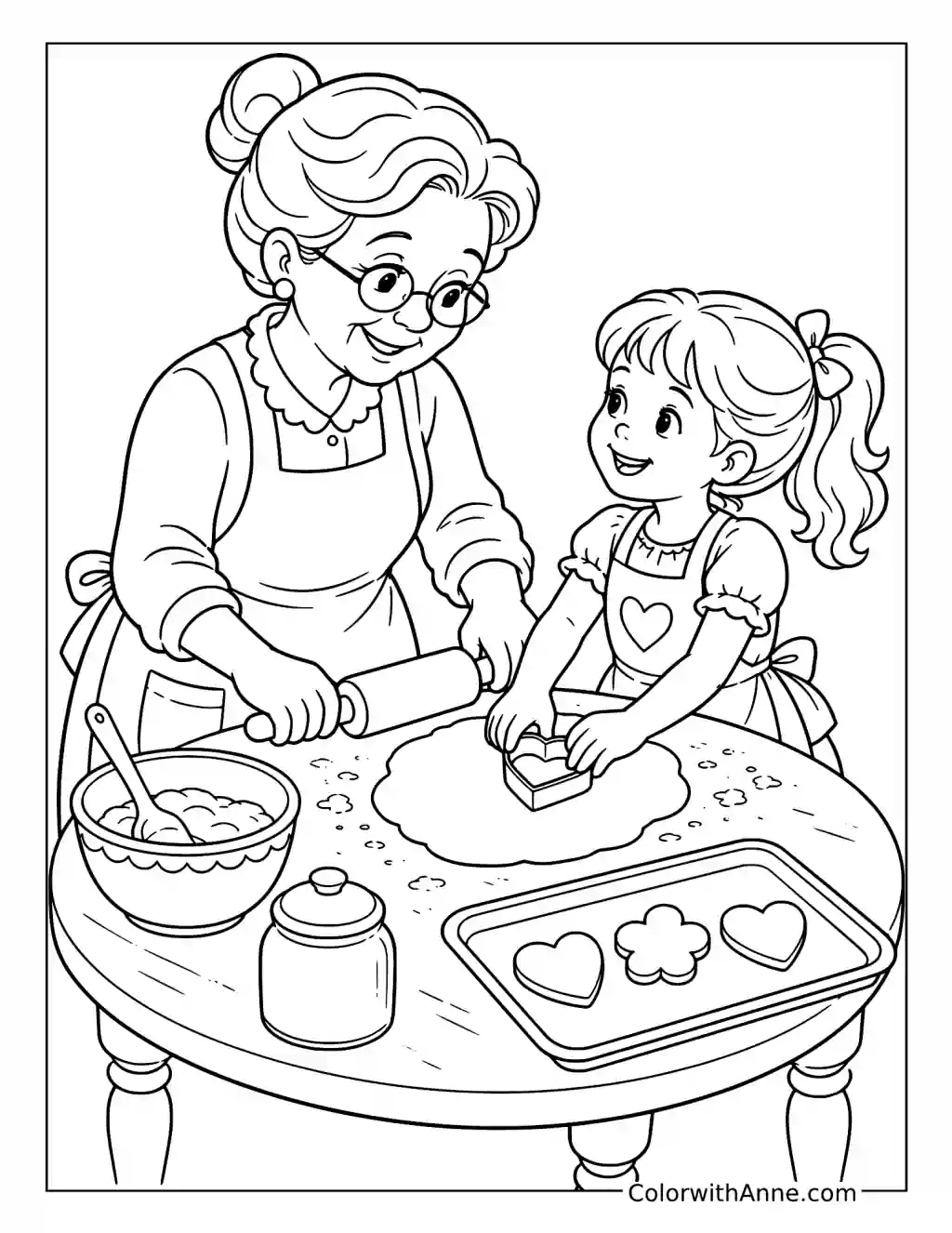 Grandmother and Granddaughter Bake Heart Cookies coloring page