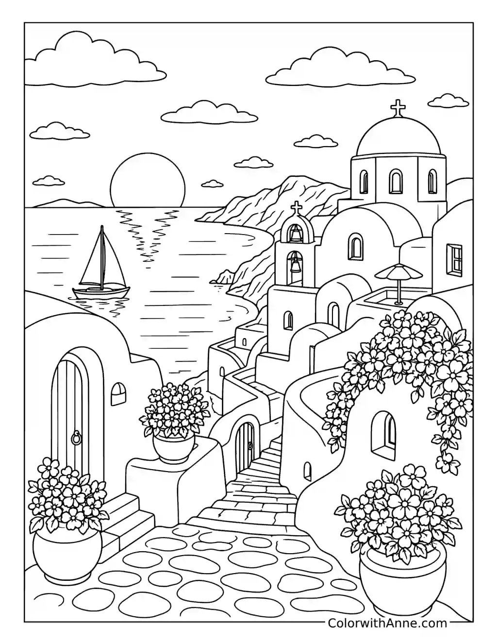 Greek Island Sunset coloring page