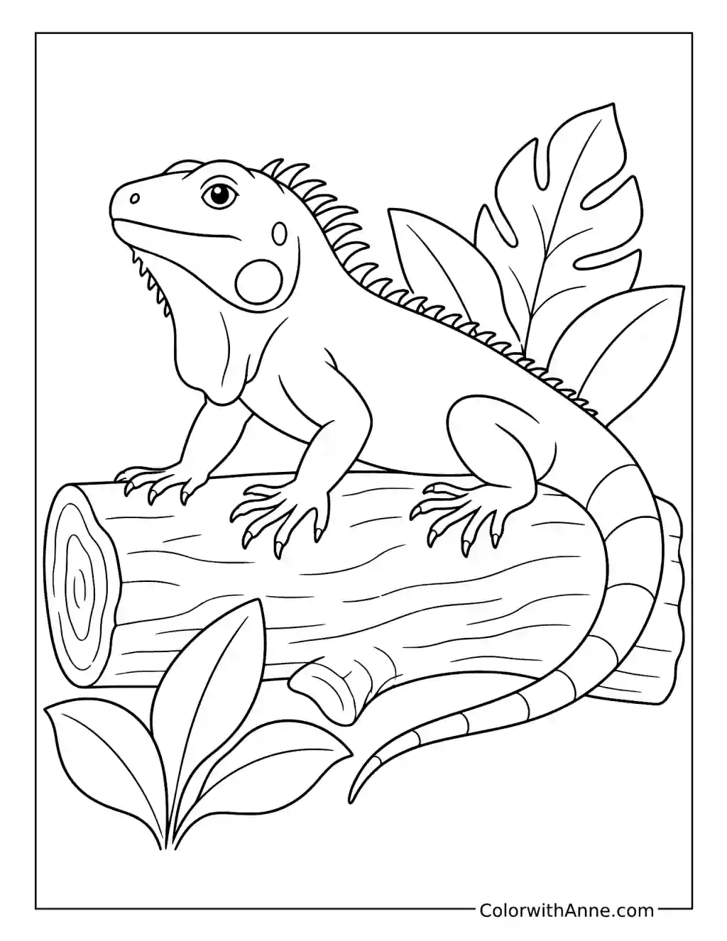 Green Iguana Resting on a Rainforest Log coloring page