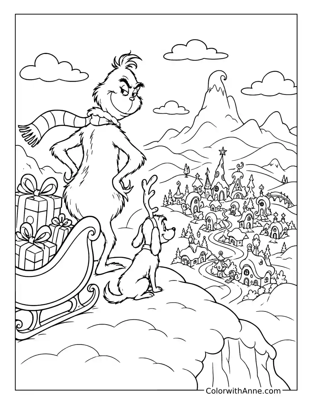 Grinch and Max Above Whoville coloring page