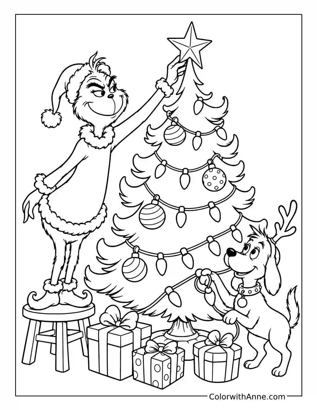 Grinch and Max Trim the Tree coloring page