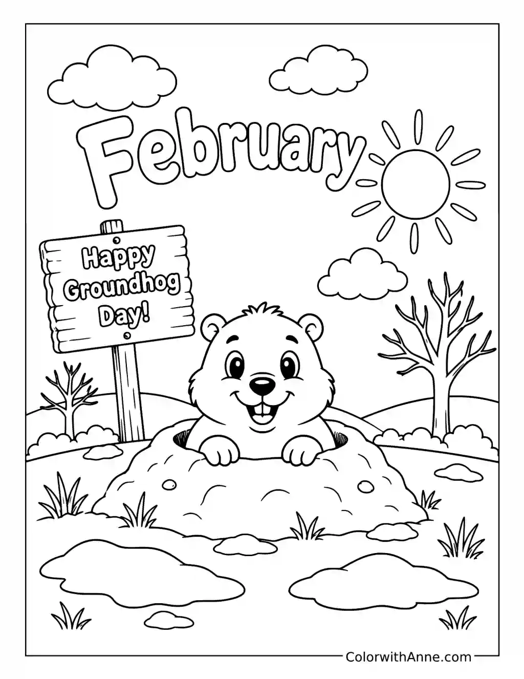 Groundhog Emerging from His Burrow coloring page