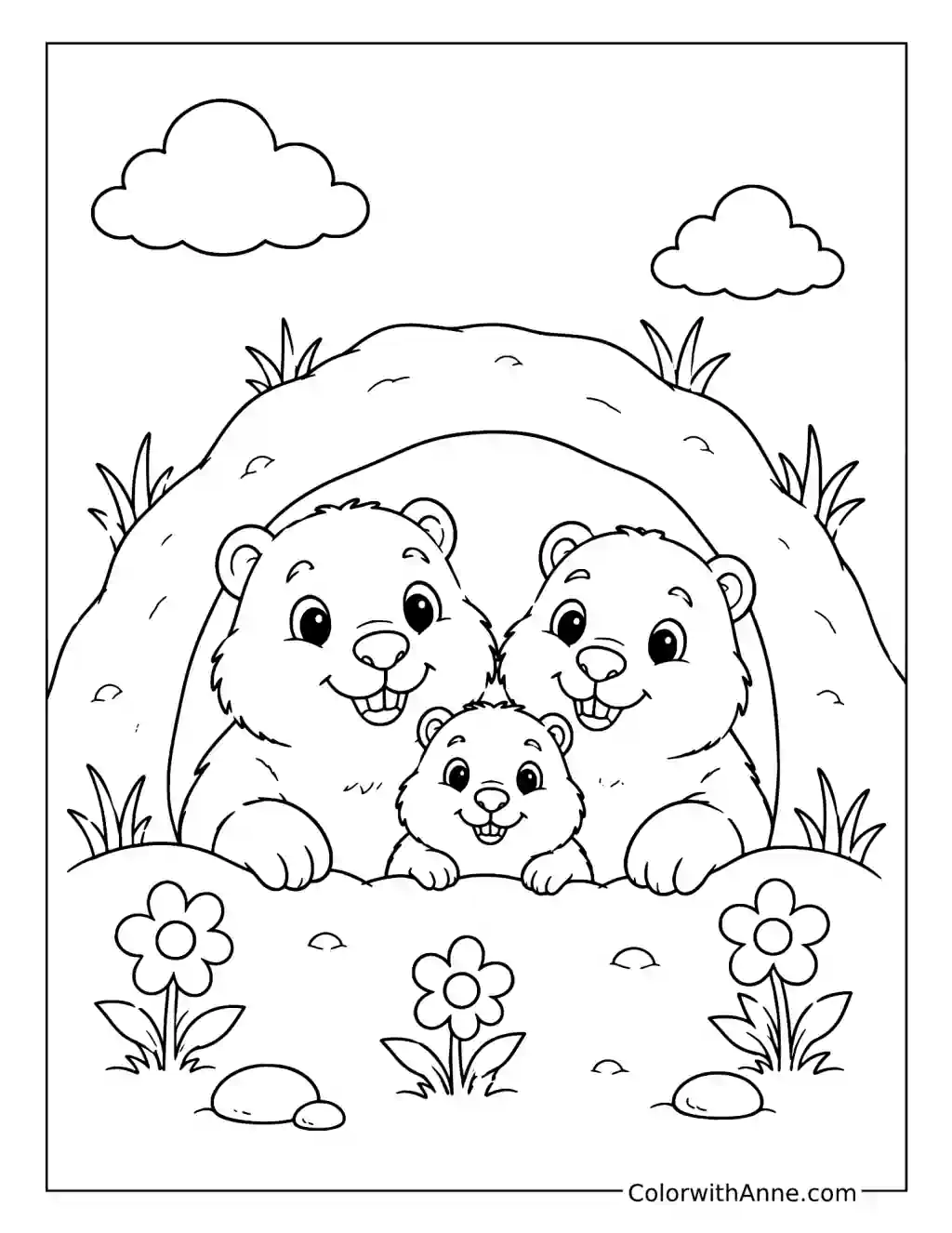 Groundhog Family at the Burrow coloring page