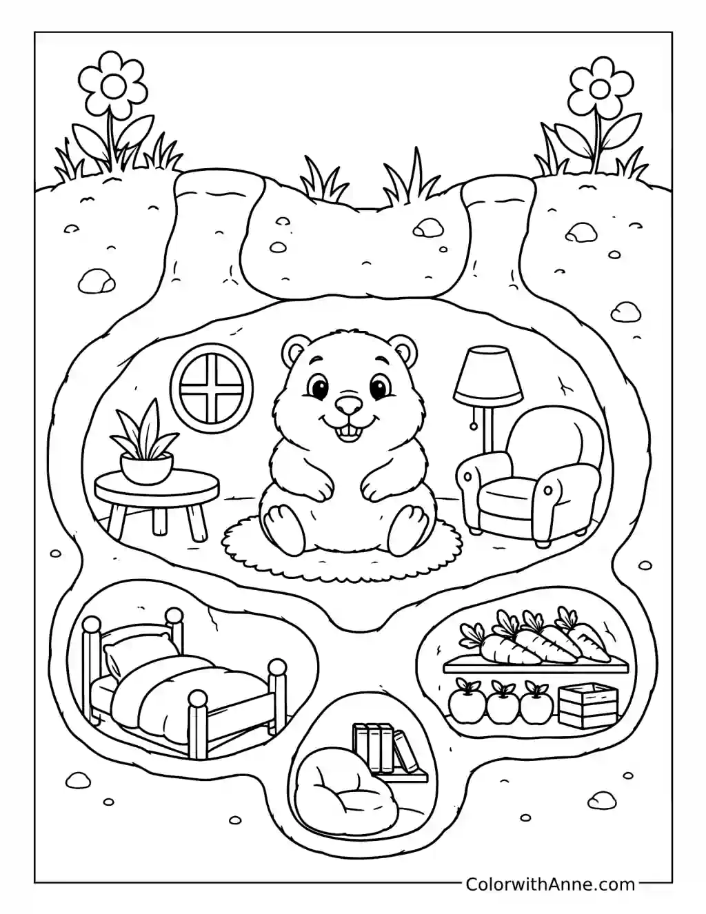Groundhog’s Cozy Underground Home coloring page