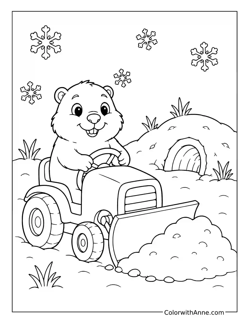 Groundhog’s Tiny Snowplow Adventure coloring page