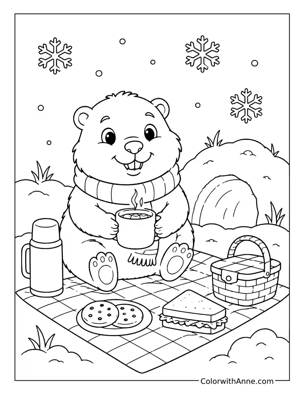 Groundhog’s Winter Picnic coloring page