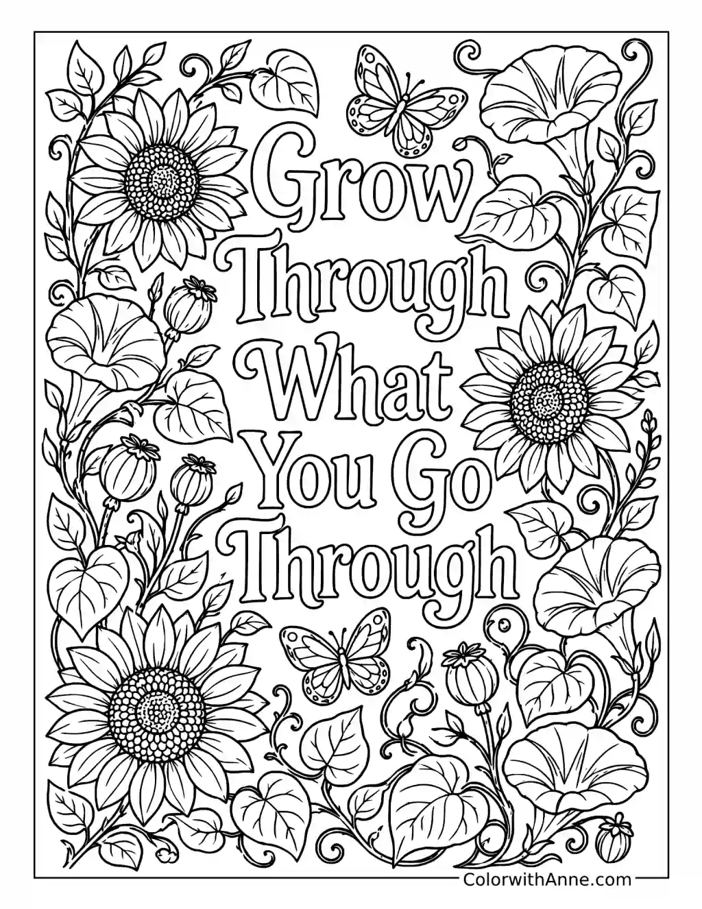 Grow Through What You Go Through Floral Affirmation coloring page
