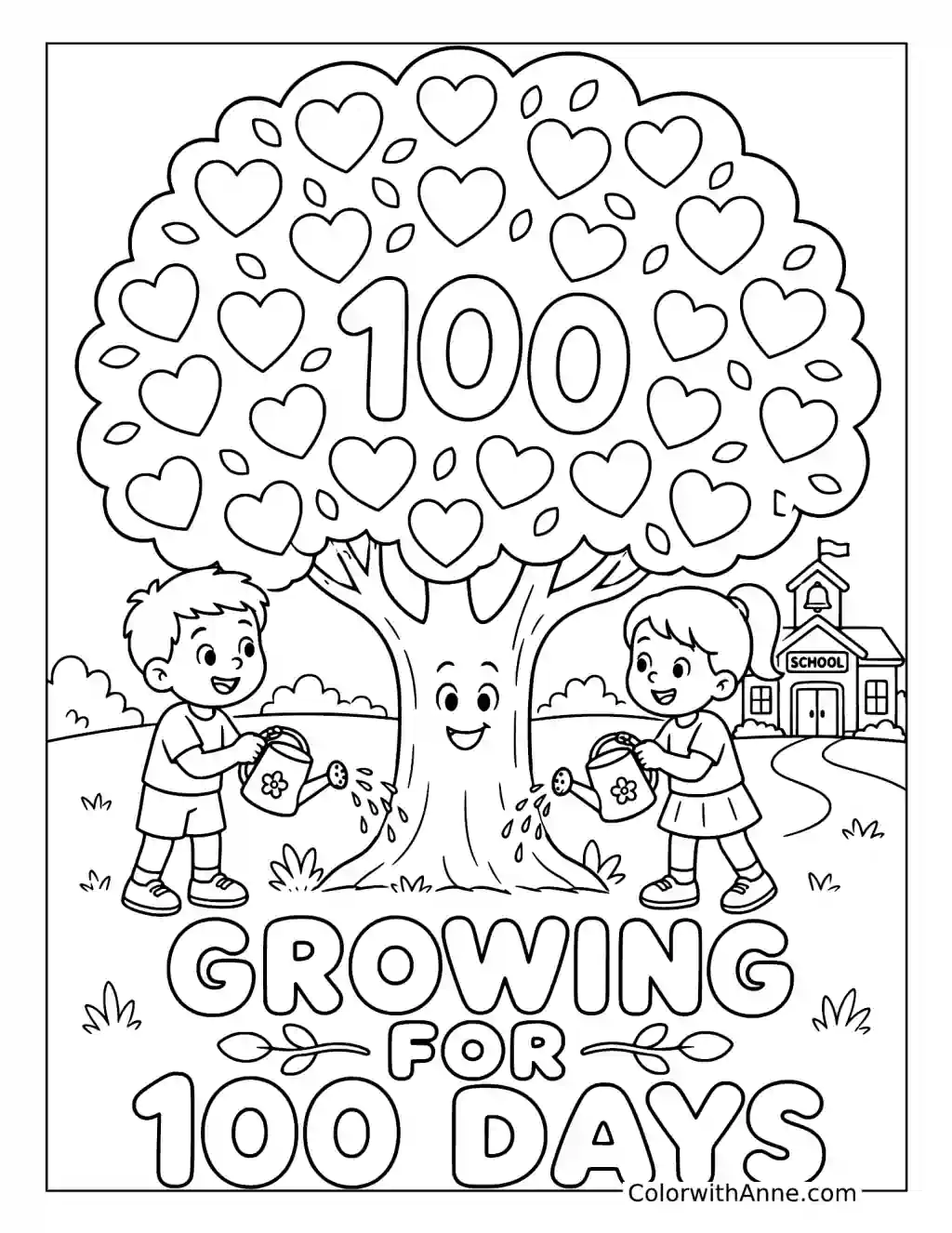 Growing for 100 Days Heart Tree coloring page